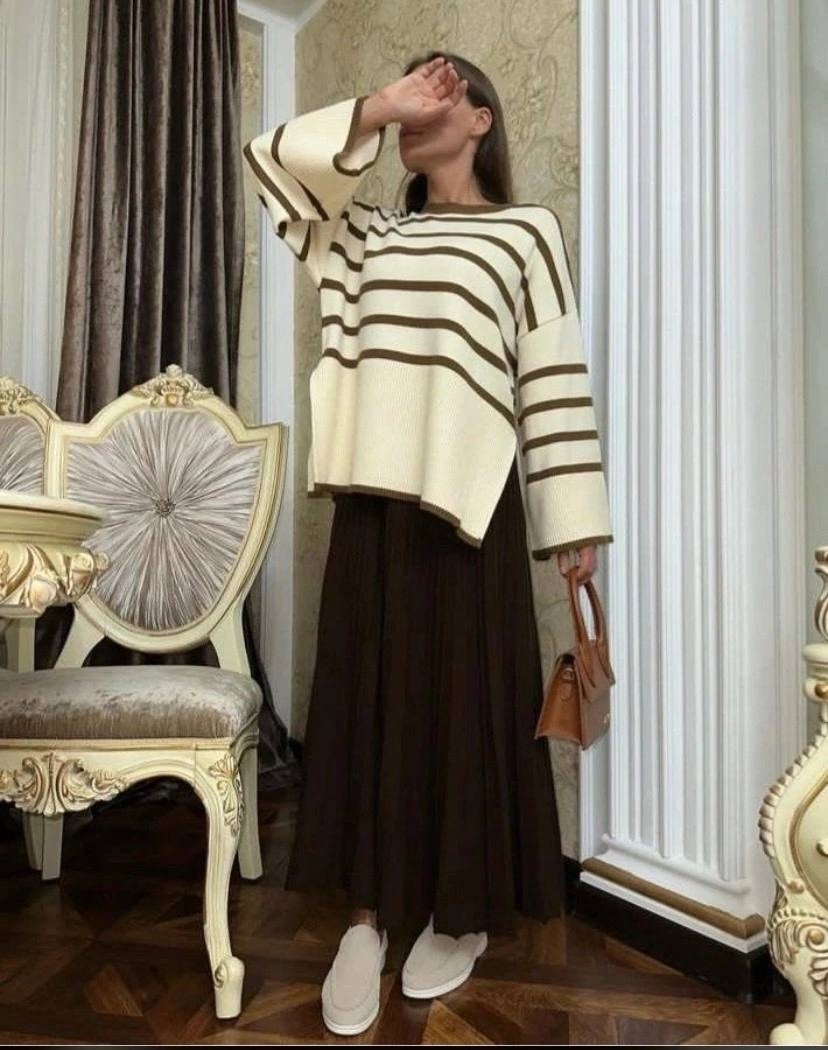 женский свитер в полоску,свободный повседневный свитер,свитер в полоску,вязаный свитер в полоску