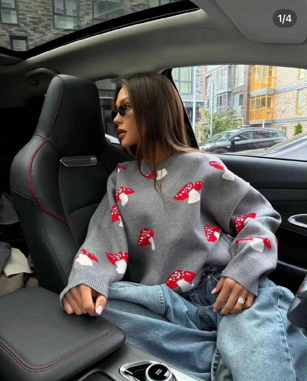 свитер с мухоморами,свитер с принтом,джемпер с принтом,свитер в стиле оверсайз,свитер женский с принтом