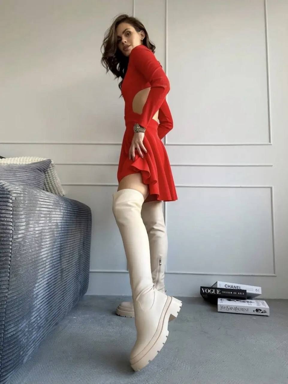 ботфорты женские,ботфорты демисезонный,ботфорт,демисезонные сапоги,красное платье с ботфортами