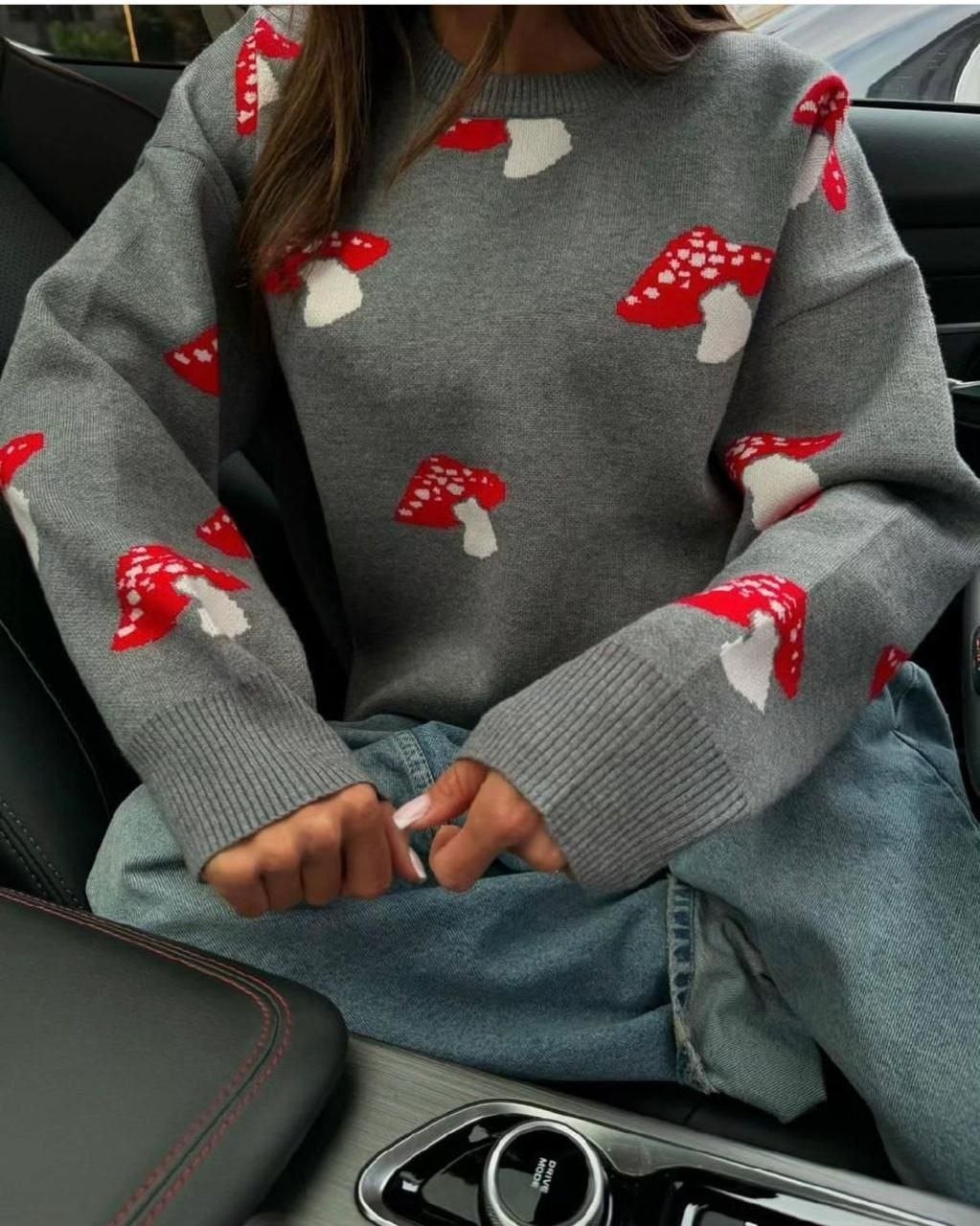 свитер с мухоморами,свитер с принтом,джемпер с принтом,свитер в стиле оверсайз,свитер женский с принтом