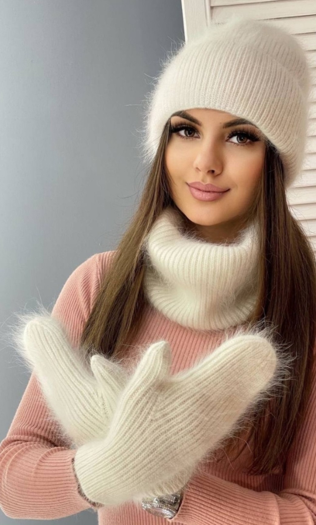 снуд ангора,комплект ангора шапка и снуд,шапка ушанка женская вязаная ангора,комплект шапка снуд варежки,варежки женские ангора