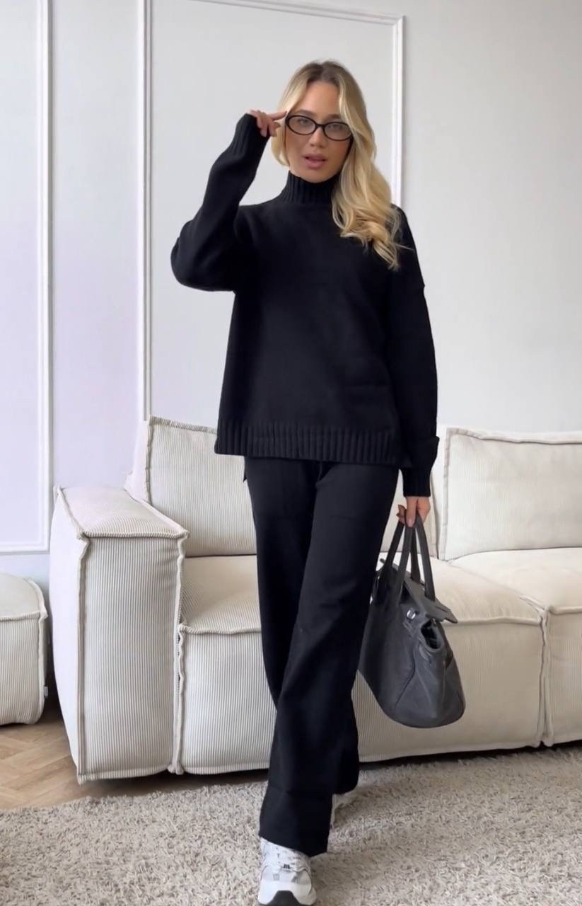 костюм вязаный теплый с брюками vievie,костюм вязаный теплый с брюками vievie цвет черный,костюм вязаный теплый с брюками vievie 257381484,костюм двойка женская,костюмы брючные