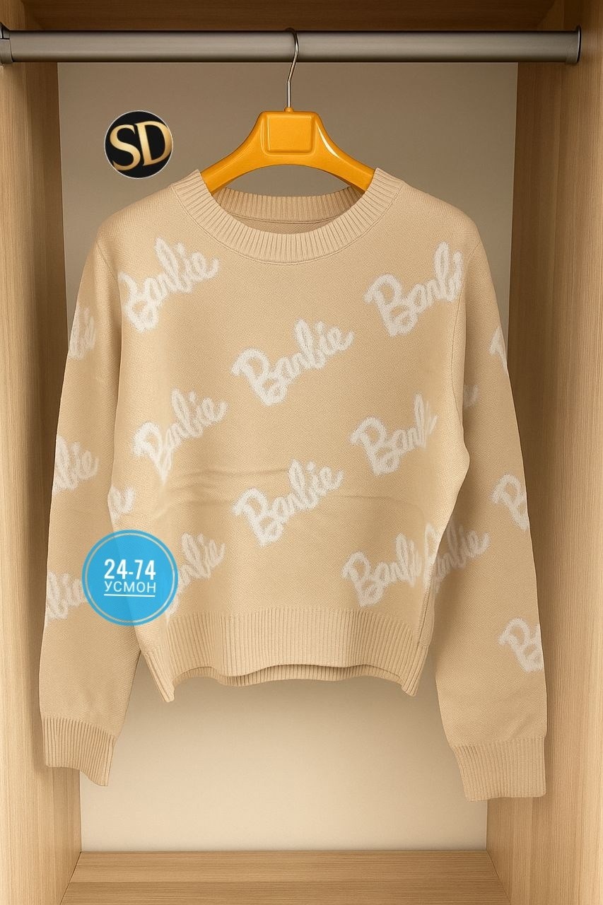 свитер оверсайз с надписью barbie,свитер оверсайз вязаный barbie,свитер женский,женский свитер оверсайз с надписью barbie,женская кофта