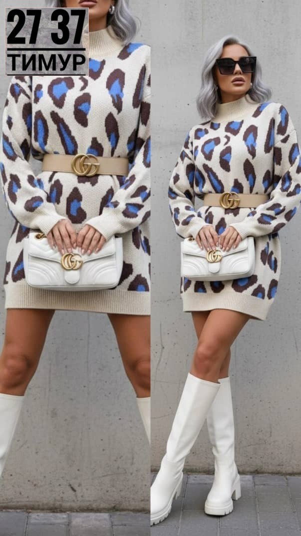 женская туника машинная вязка размер единый (42-48),туника женская,платье 7007 " узор-пятна леопарда № 1",туника-платье,женское платье туника принт леопард с горлом машинная вязка зима осень