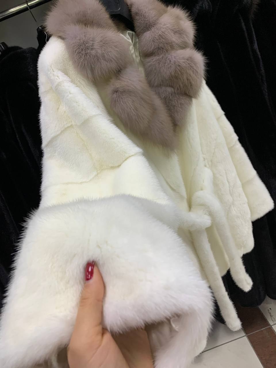 шуба норковая nafa кимоно "ваниль" с соболем,шубка из меха европейской норки с капюшоном из меха куницы,норковая шуба,шуба норковая с капюшоном из куницы,норковая белая шуба