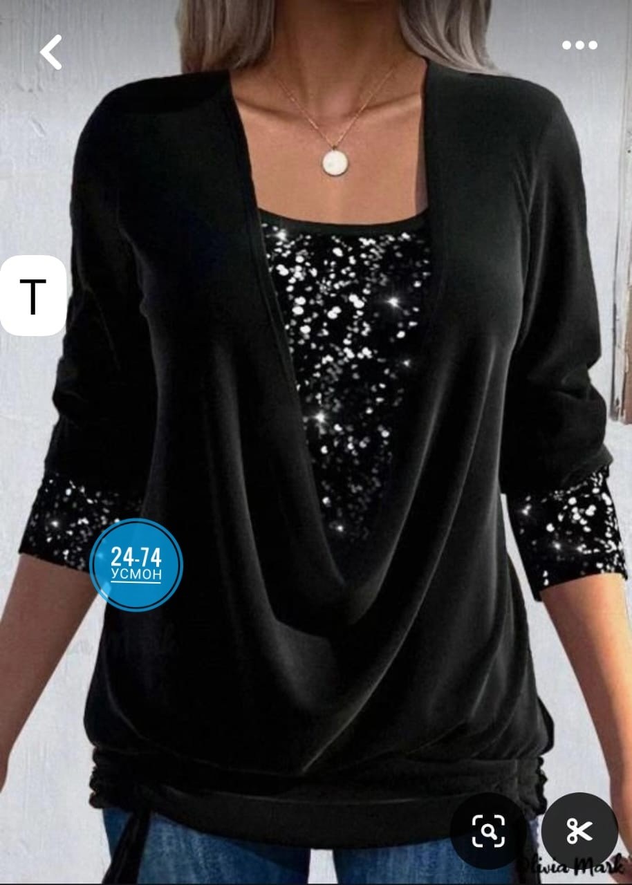 женская блузка ткань крепунт + пайетка,трикотажные блузки,женская кофта,блузка с мягкой тканью и свободным кроем,нарядная блузка