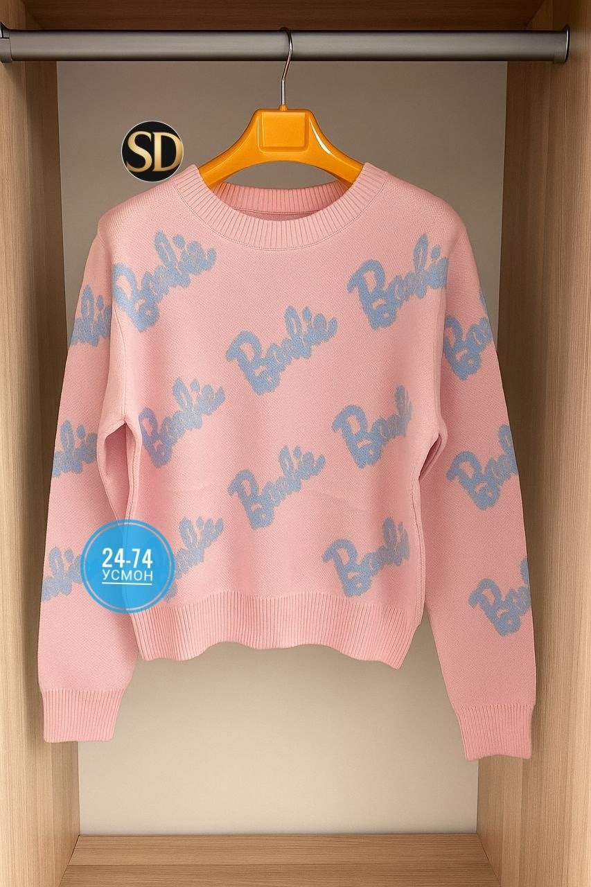 свитер оверсайз с надписью barbie,свитер оверсайз вязаный barbie,свитер женский,женский свитер оверсайз с надписью barbie,женская кофта