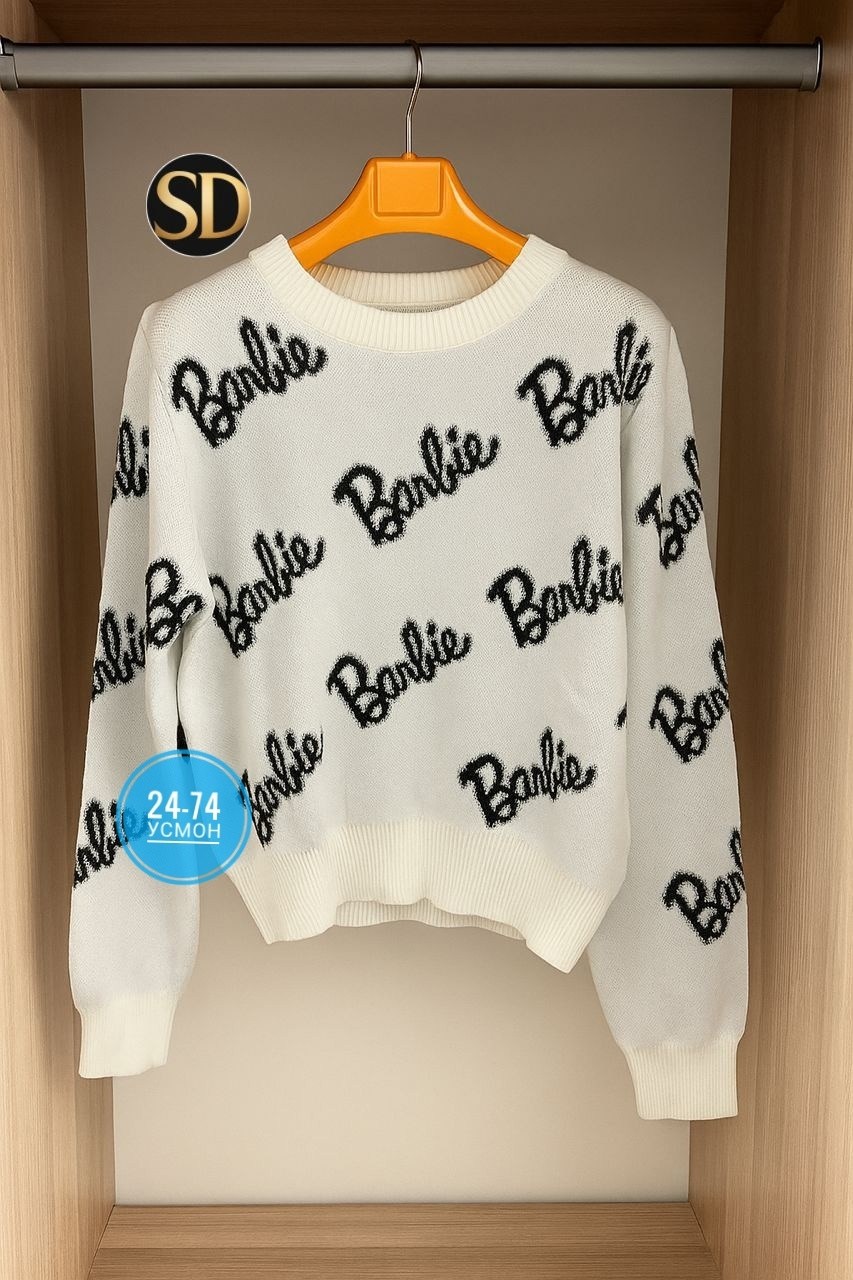 свитер оверсайз с надписью barbie,свитер оверсайз вязаный barbie,свитер женский,женский свитер оверсайз с надписью barbie,женская кофта