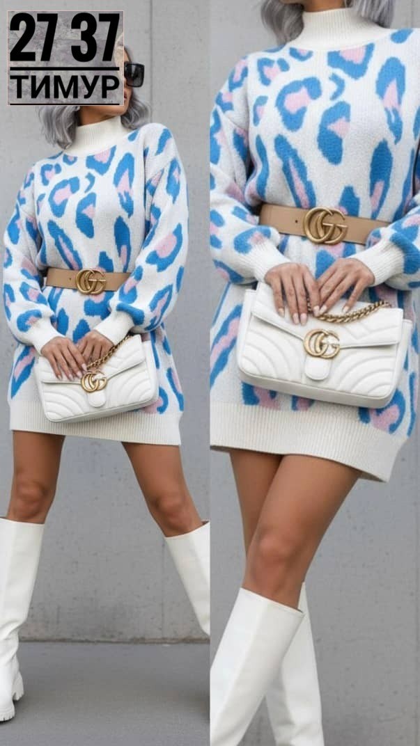 женская туника машинная вязка размер единый (42-48),туника женская,платье 7007 " узор-пятна леопарда № 1",туника-платье,женское платье туника принт леопард с горлом машинная вязка зима осень