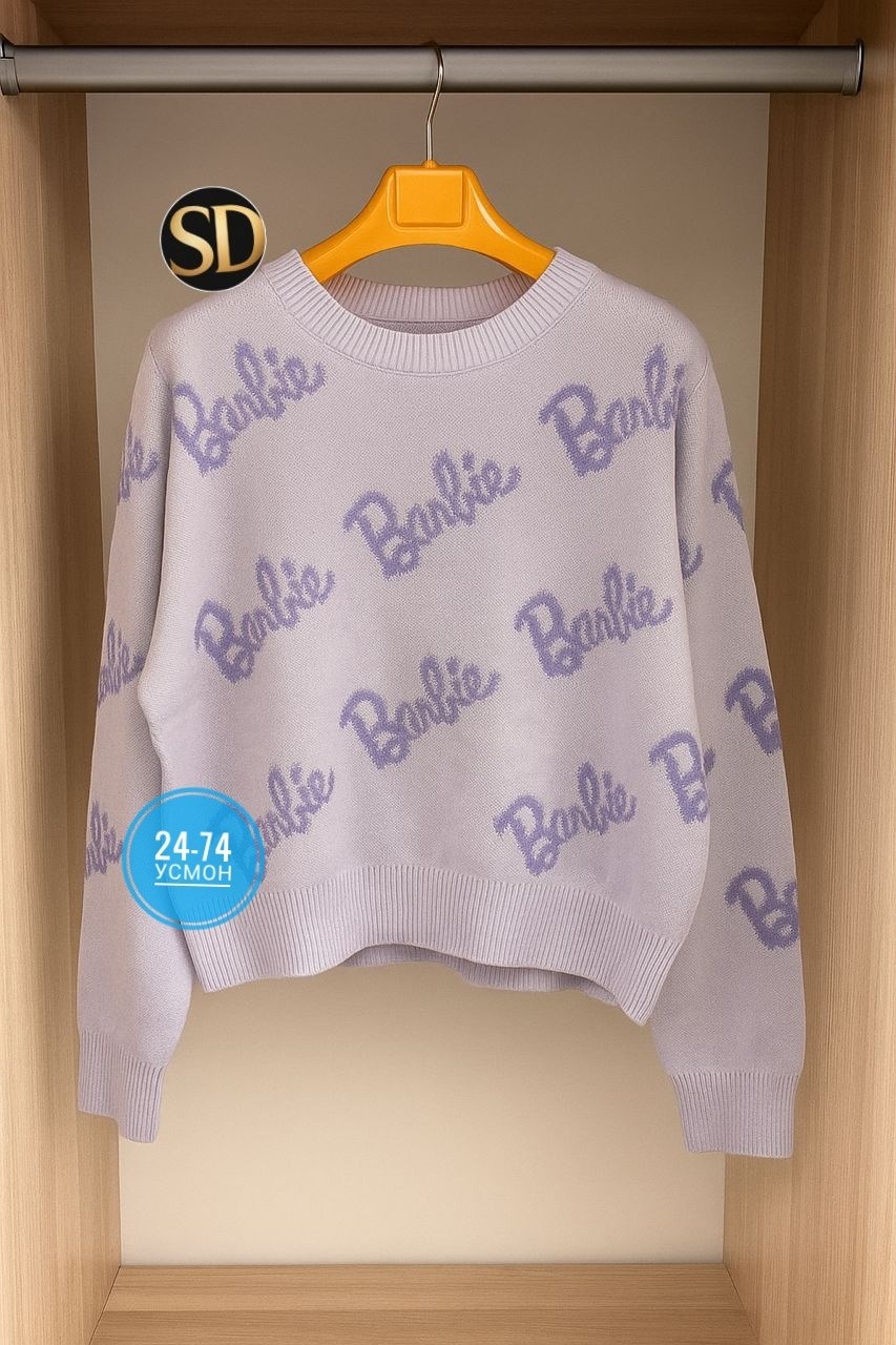 свитер оверсайз с надписью barbie,свитер оверсайз вязаный barbie,свитер женский,женский свитер оверсайз с надписью barbie,женская кофта