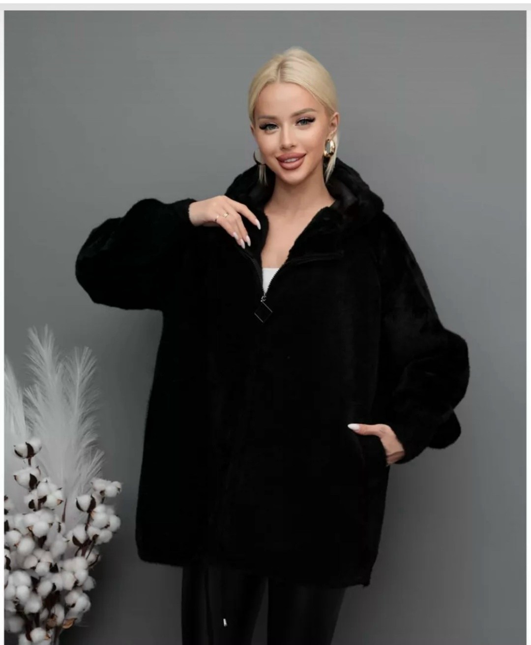 стильное пальто,шуба искусственная экошуба с капюшоном fashionsmart,кардиган пушистый,черный кардиган,шуба искусственная зимняя с капюшоном fashion smart