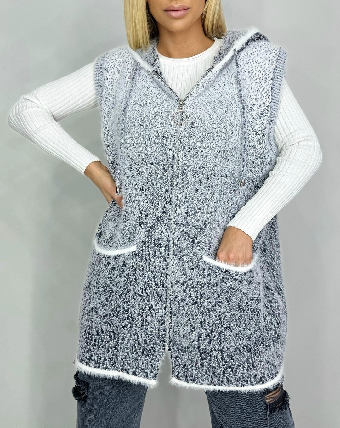 удлиненный жилет с капюшоном,жилетка женская,жилетка на молнии с капюшоном,жилетка вязаная,жилет женский