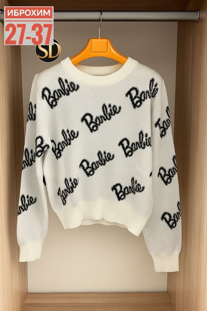 свитер оверсайз с надписью barbie,кофта женская,женский свитер,женский свитер оверсайз с надписью barbie,свитер