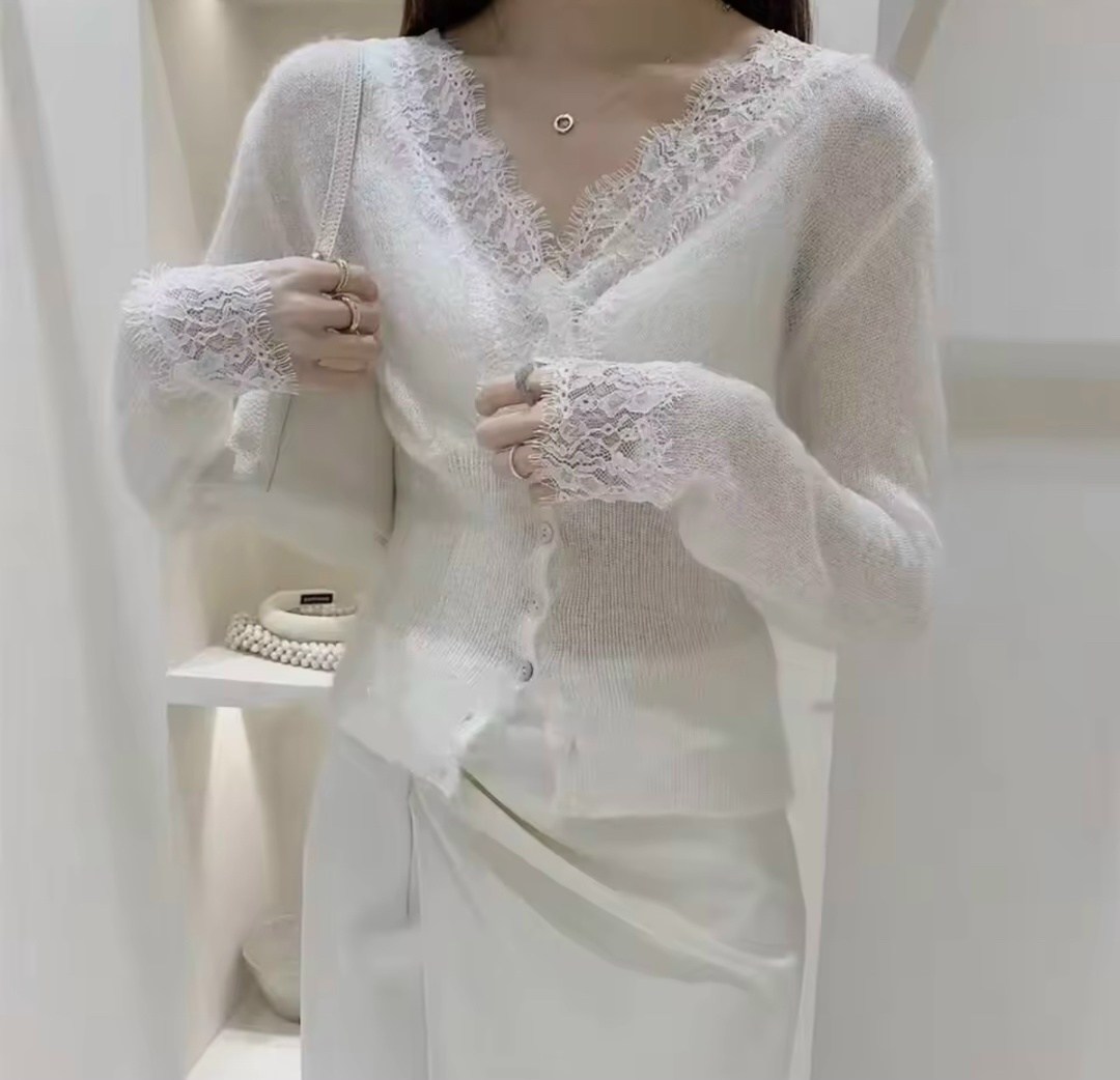 женский кружевной кардиган с v-образным вырезом,кардиган кружевной,корейский кружевной кардиган женский,элегантный белый вязаный кардиган с кружевными краями,кардиган с кружевом