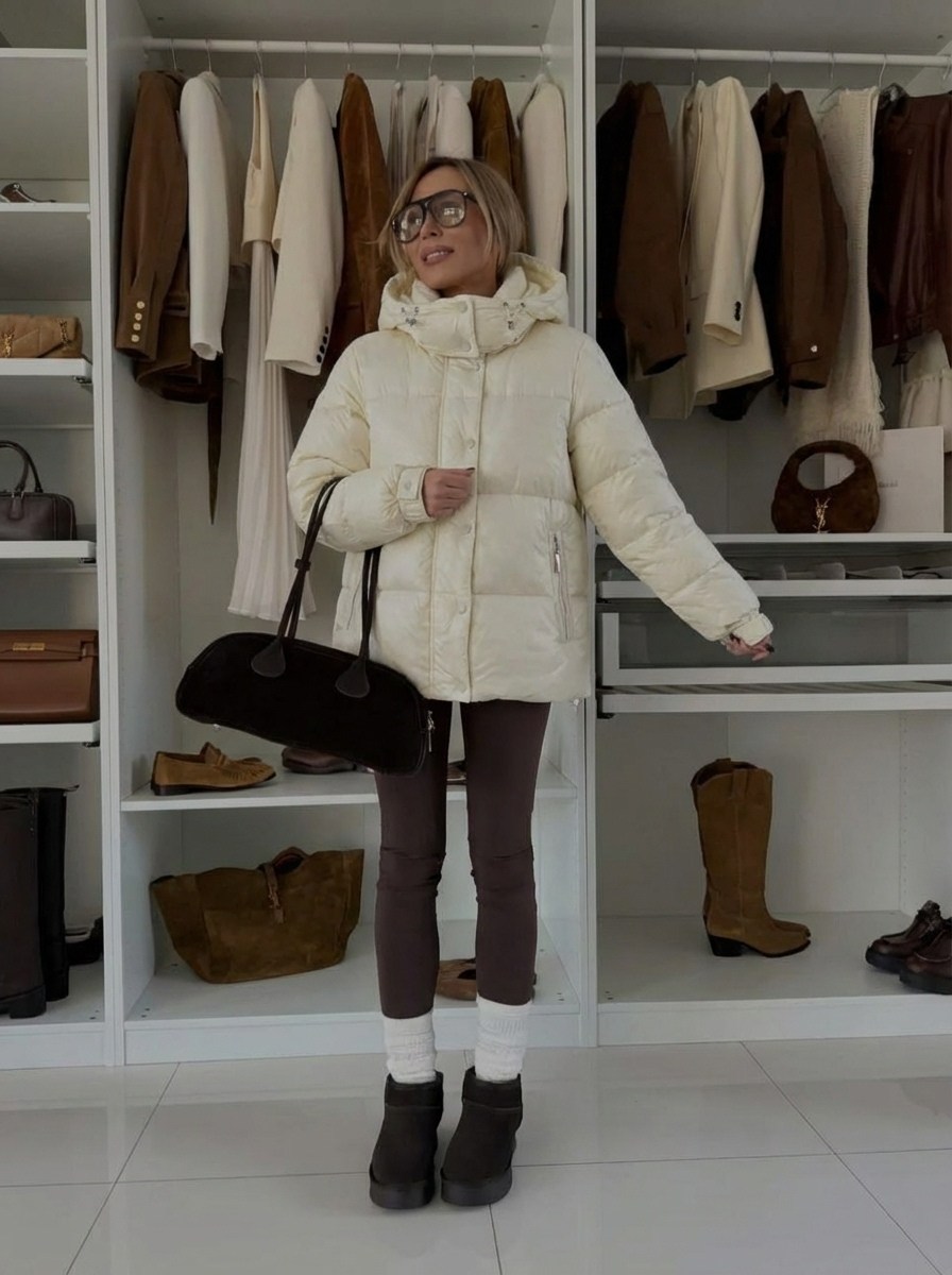 модные пуховики,бежевый пуховик,образы с бежевым пуховиком,куртка женская бежевая,куртка теплая