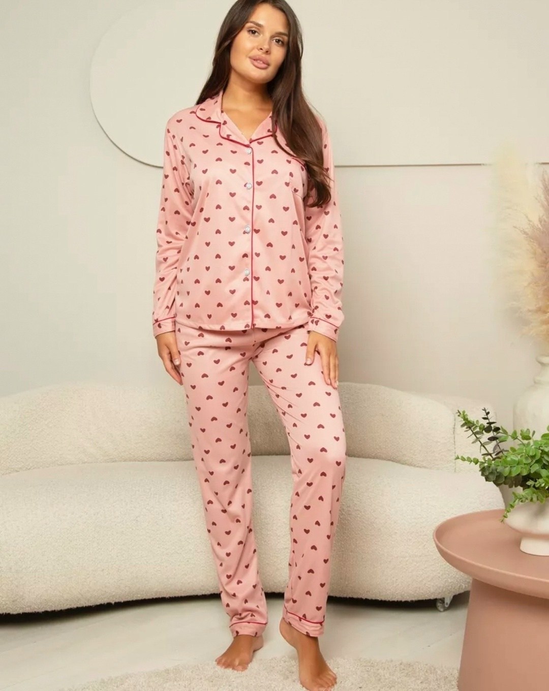 пижама теплая со штанами и рубашкой с сердечками,пижамы женски,женская пижама,пижама розовая,комплект пижама