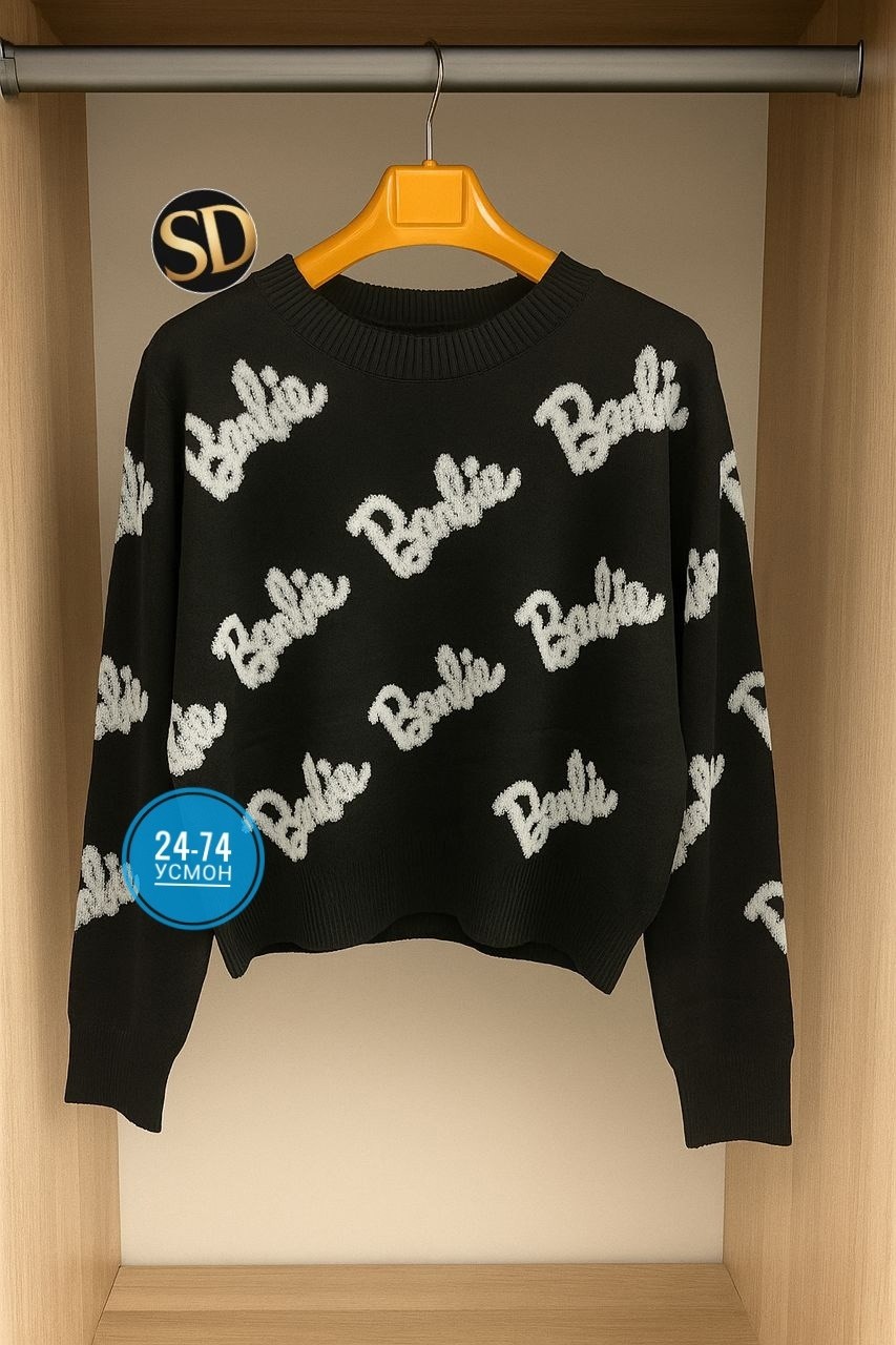 свитер оверсайз с надписью barbie,свитер оверсайз вязаный barbie,свитер женский,женский свитер оверсайз с надписью barbie,женская кофта