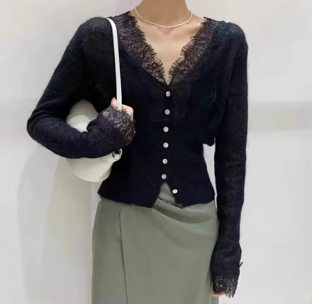 женский кружевной кардиган с v-образным вырезом,кардиган кружевной,корейский кружевной кардиган женский,элегантный белый вязаный кардиган с кружевными краями,кардиган с кружевом