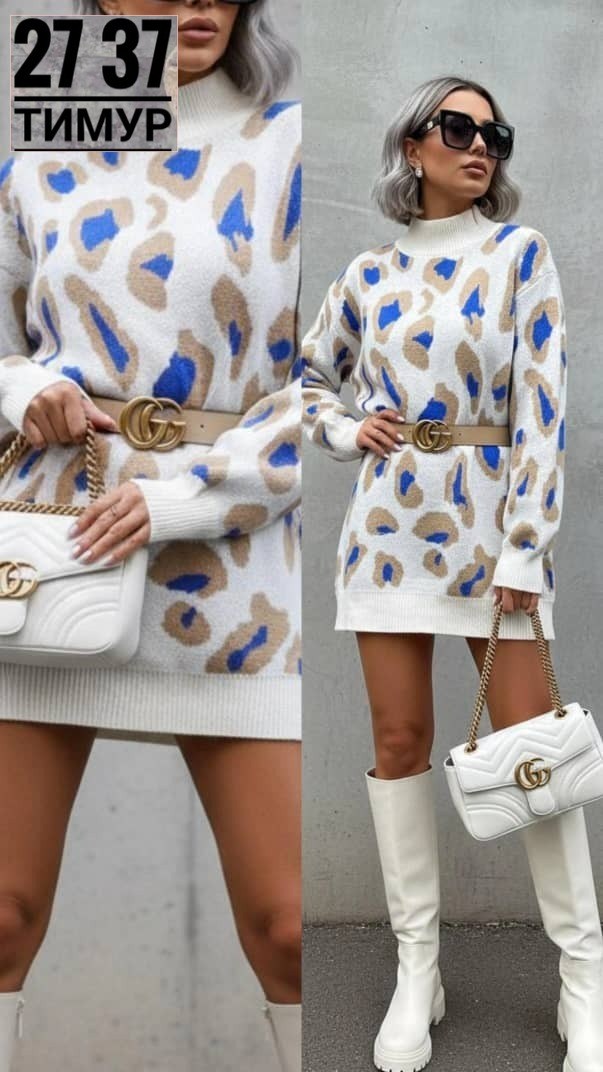 женская туника машинная вязка размер единый (42-48),туника женская,платье 7007 " узор-пятна леопарда № 1",туника-платье,женское платье туника принт леопард с горлом машинная вязка зима осень