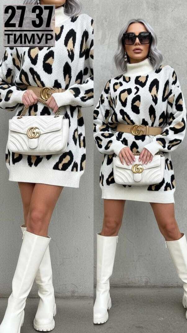 женская туника машинная вязка размер единый (42-48),туника женская,платье 7007 " узор-пятна леопарда № 1",туника-платье,женское платье туника принт леопард с горлом машинная вязка зима осень