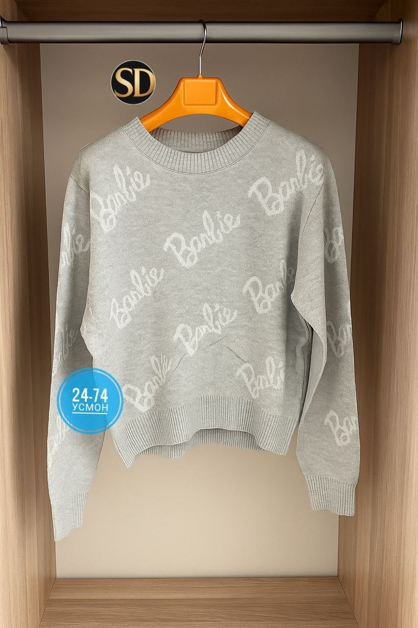 свитер оверсайз с надписью barbie,свитер оверсайз вязаный barbie,свитер женский,женский свитер оверсайз с надписью barbie,женская кофта