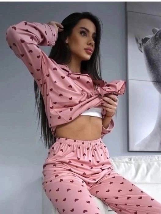 пижама теплая со штанами и рубашкой с сердечками,пижамы женски,женская пижама,пижама розовая,комплект пижама