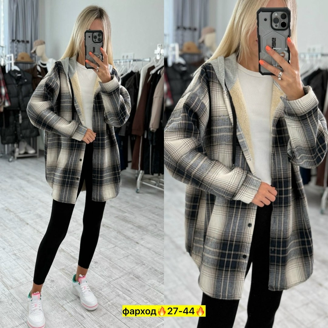 теплая рубашка оверсайз в клетку с капюшоном,женская рубашка,рубашка теплая,женская кофта,рубашка оверсайз в клетку с капюшоном