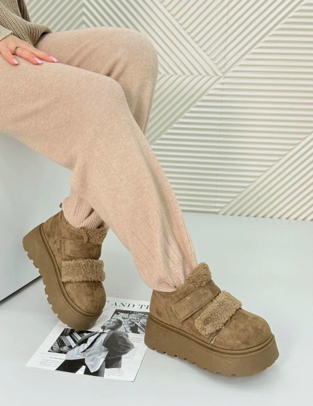 , женская,меховые замшевые туфли на плоской подошве на платформе,зимняя ,ботинки