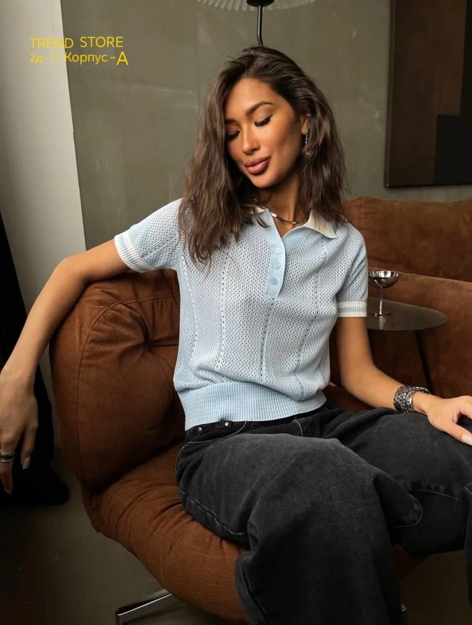 блузка трикотажная с воротником-поло коричневый,женская кофта,блузка трикотажная коричневая,джемпер с воротником,блузка trendyol трикотажная с воротником-поло, коричневый