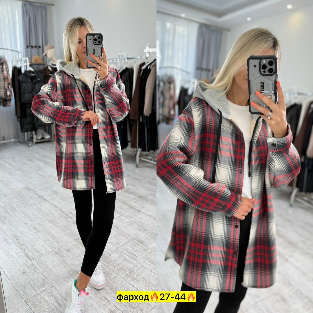 теплая рубашка оверсайз в клетку с капюшоном,женская рубашка,рубашка теплая,женская кофта,рубашка оверсайз в клетку с капюшоном