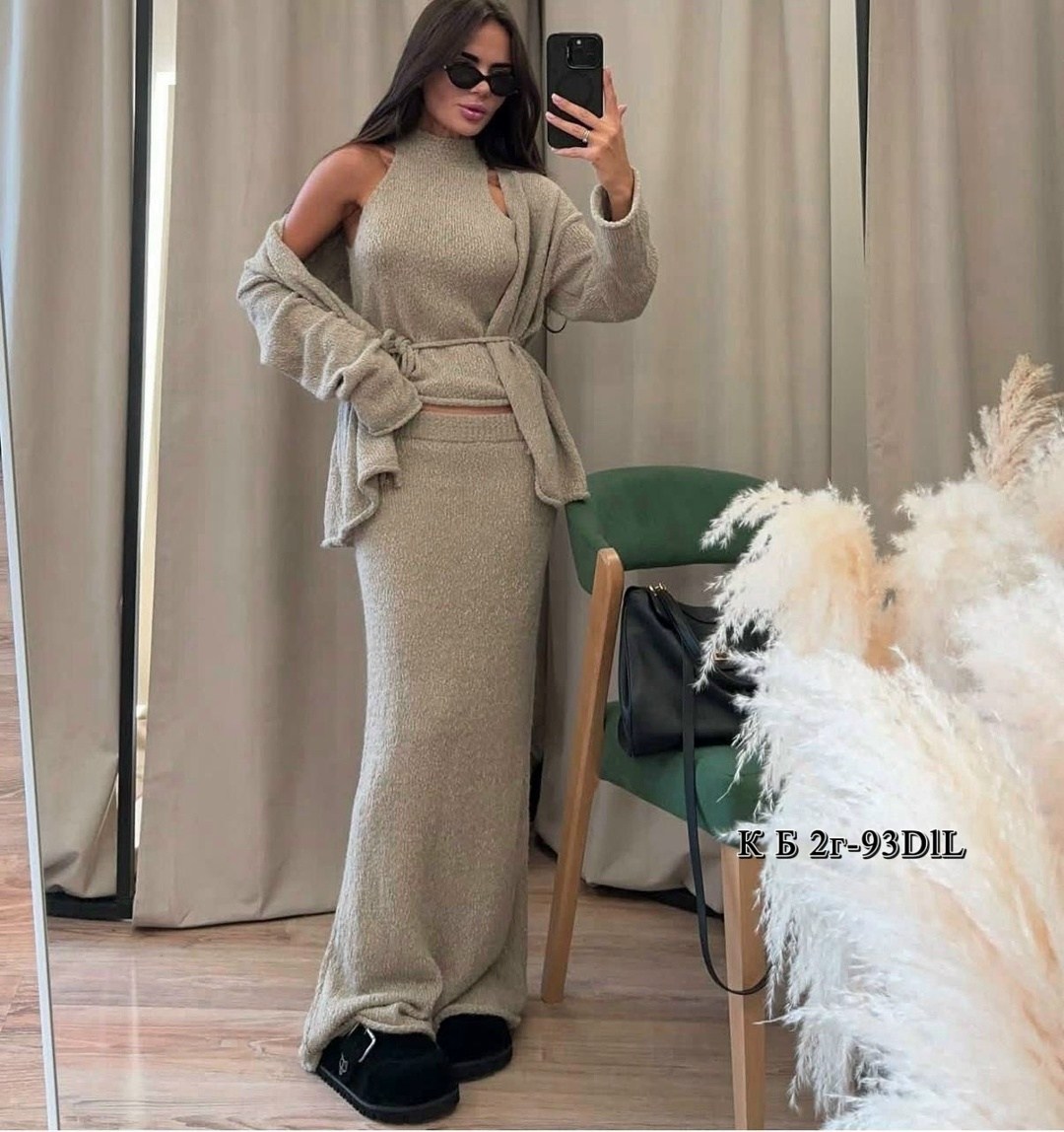 костюм тройка женский,трикотажный костюм,костюм с юбкой на осень,костюм вязаный двойка: свитер и платье masari
