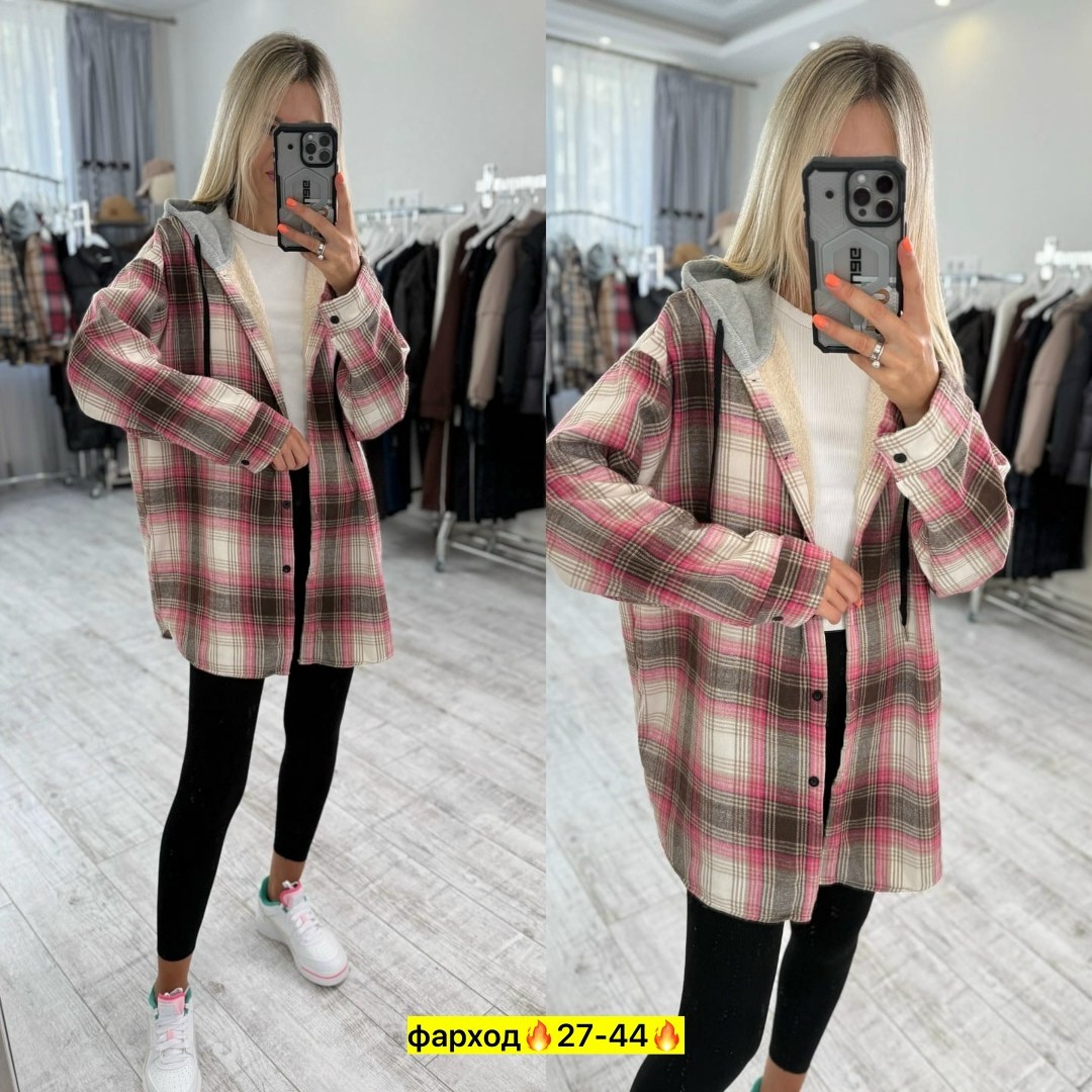 теплая рубашка оверсайз в клетку с капюшоном,женская рубашка,рубашка теплая,женская кофта,рубашка оверсайз в клетку с капюшоном