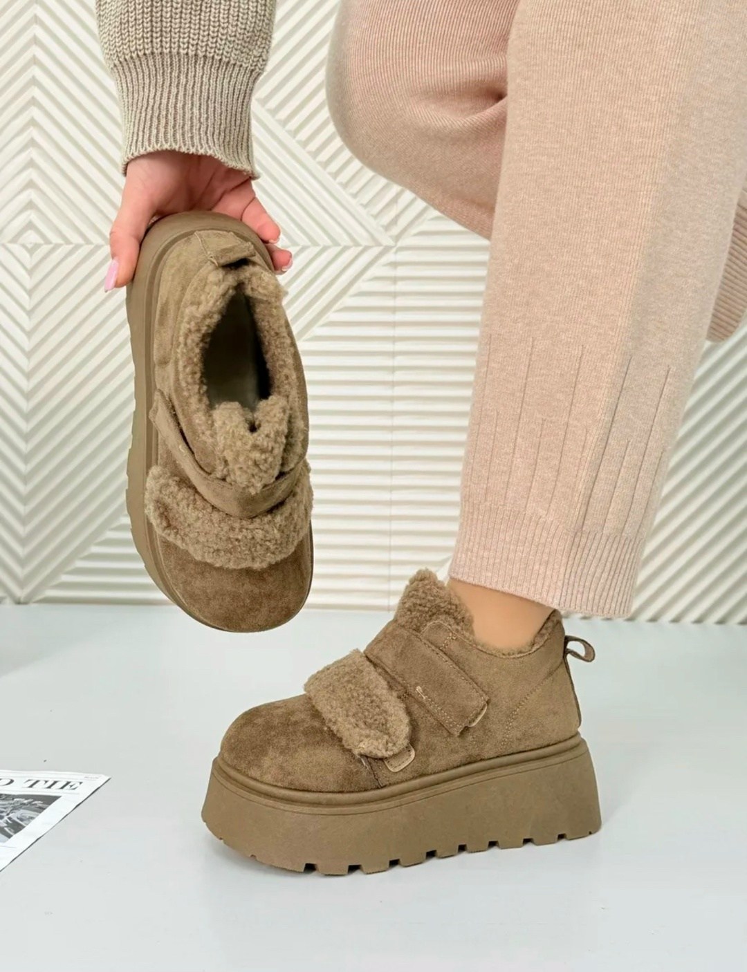 , женская,меховые замшевые туфли на плоской подошве на платформе,зимняя ,ботинки