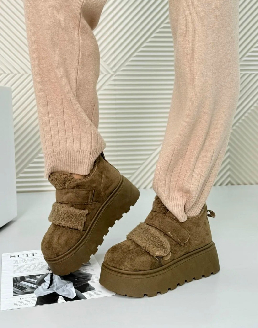 , женская,меховые замшевые туфли на плоской подошве на платформе,зимняя ,ботинки