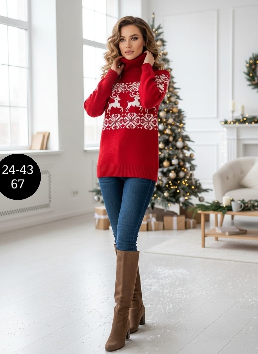 свитер женский с оленями,свитер с оленями,красный свитер с оленями,свитер с оленями женский шерстяной красный,новогодний свитер