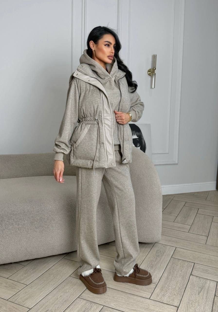 серый женский костюм тройка на флисе loro piana,темно-серый женский костюм тройка на флисе loro piana,костюм тройка женский,костюм тройка с курткой,утепленный костюм