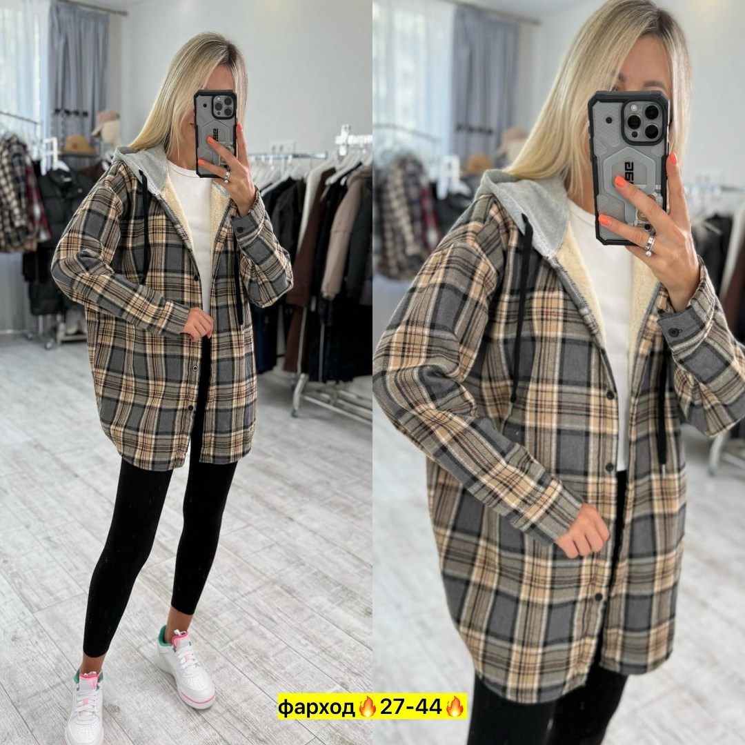 теплая рубашка оверсайз в клетку с капюшоном,женская рубашка,рубашка теплая,женская кофта,рубашка оверсайз в клетку с капюшоном