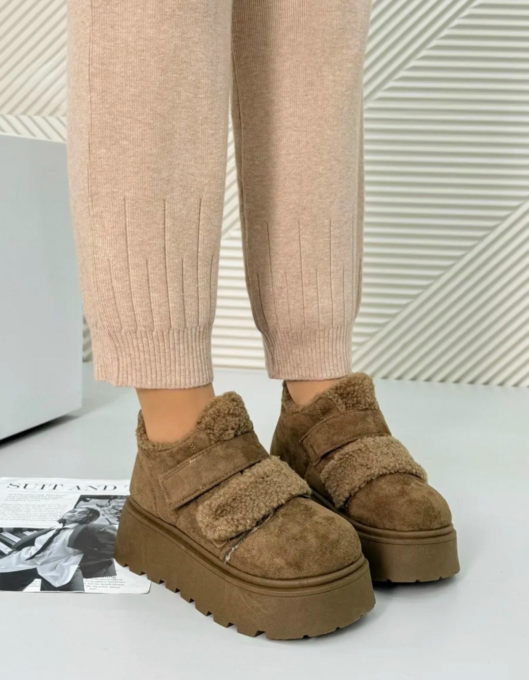 , женская,меховые замшевые туфли на плоской подошве на платформе,зимняя ,ботинки