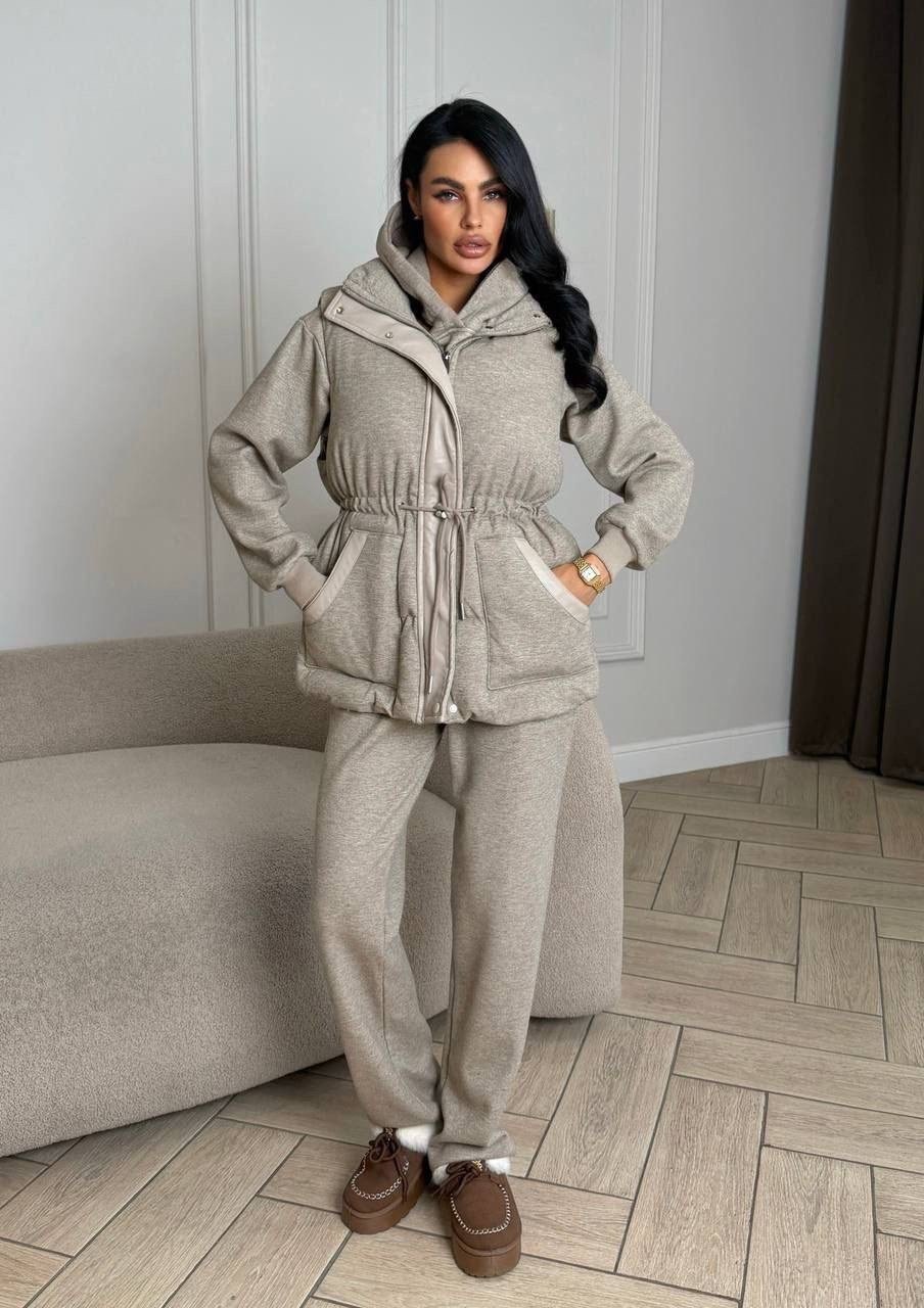 серый женский костюм тройка на флисе loro piana,темно-серый женский костюм тройка на флисе loro piana,костюм тройка женский,костюм тройка с курткой,утепленный костюм