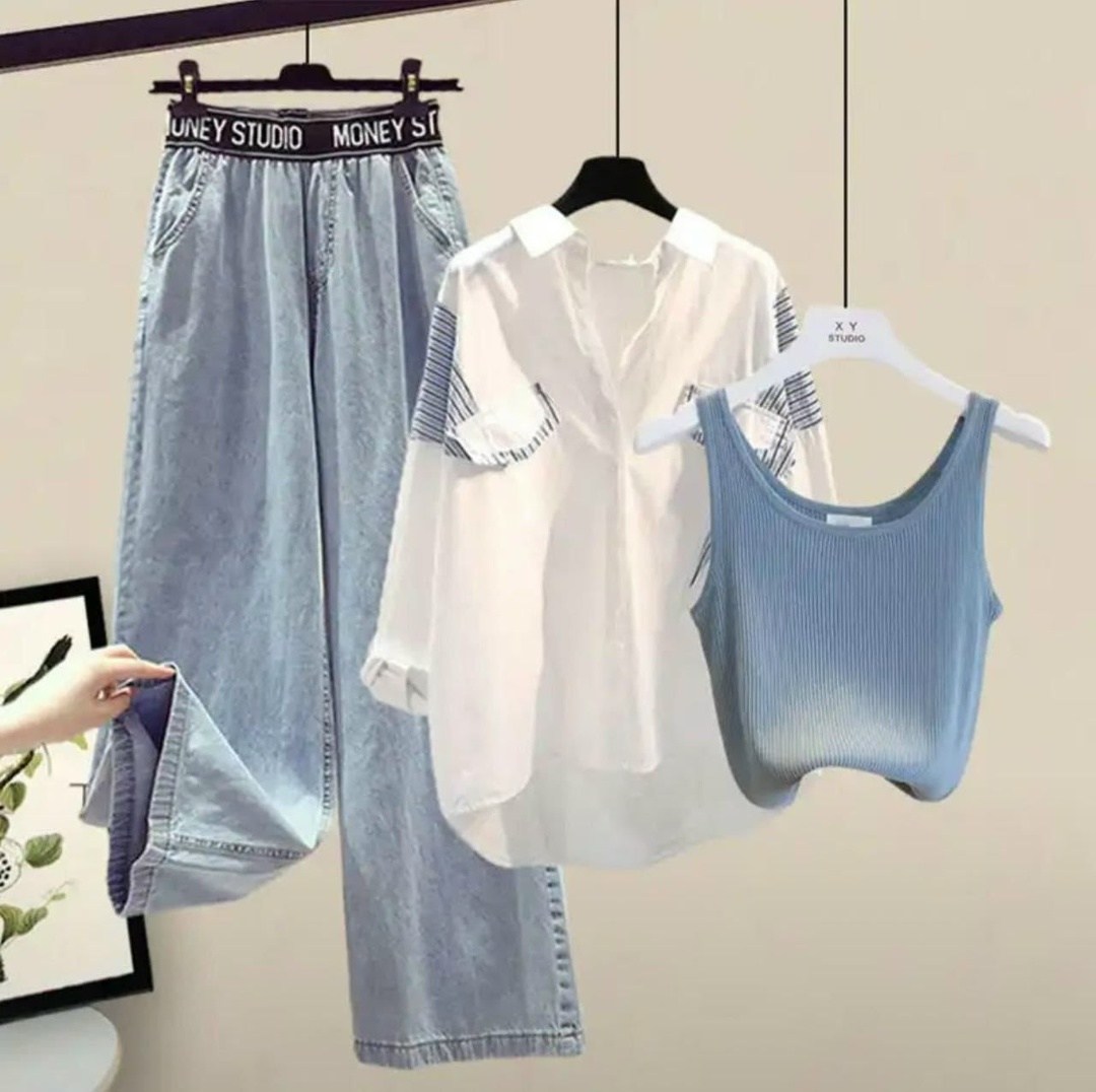 комплекты одежды,женские летние комплекты,комплект из рубашки,женский комплект из трех предметов,джинсы в корейском стиле
