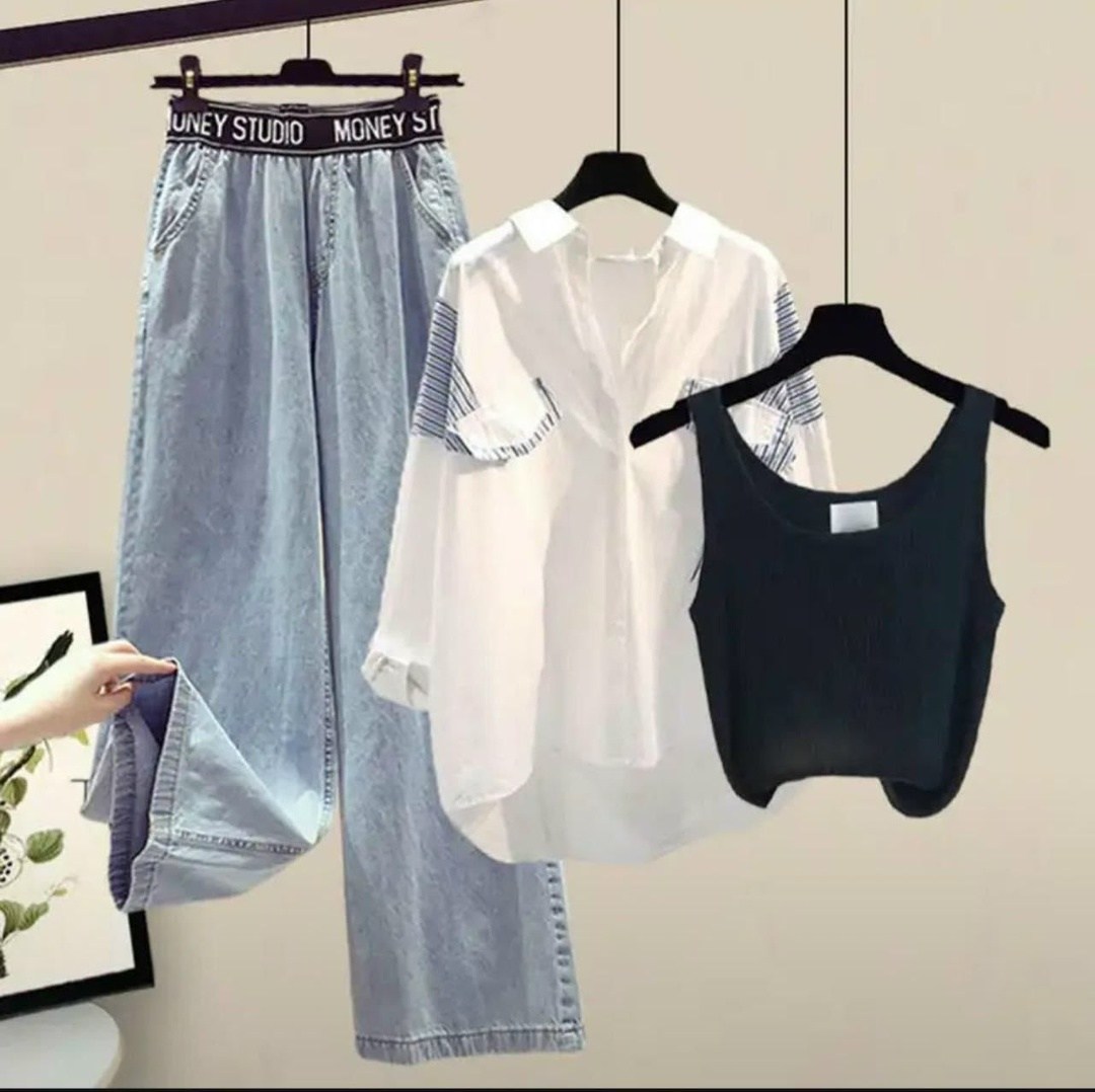комплекты одежды,женские летние комплекты,комплект из рубашки,женский комплект из трех предметов,джинсы в корейском стиле