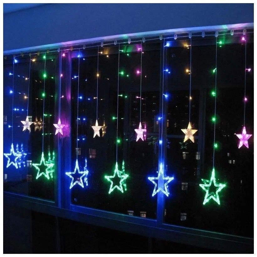 гирлянда занавес звезды,гирлянда звезда,гирлянда занавес звезды на окно,гирлянда-занавес звезды 2х1м 138 ламп теплый белый,гирлянда светодиодная занавес