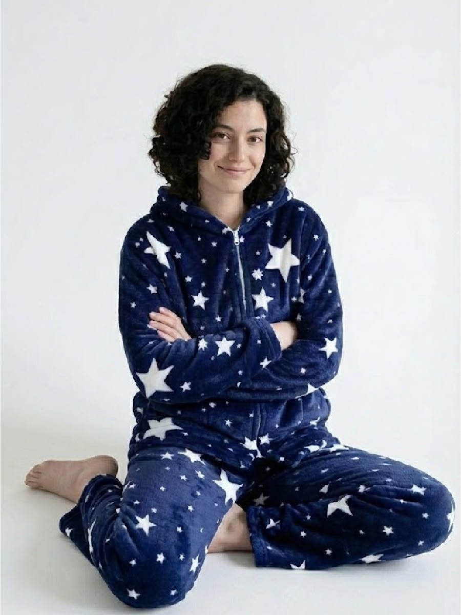 пижама со звездами,пижамы для женщин,пижама женская теплая,теплая пижама,пижама с капюшоном