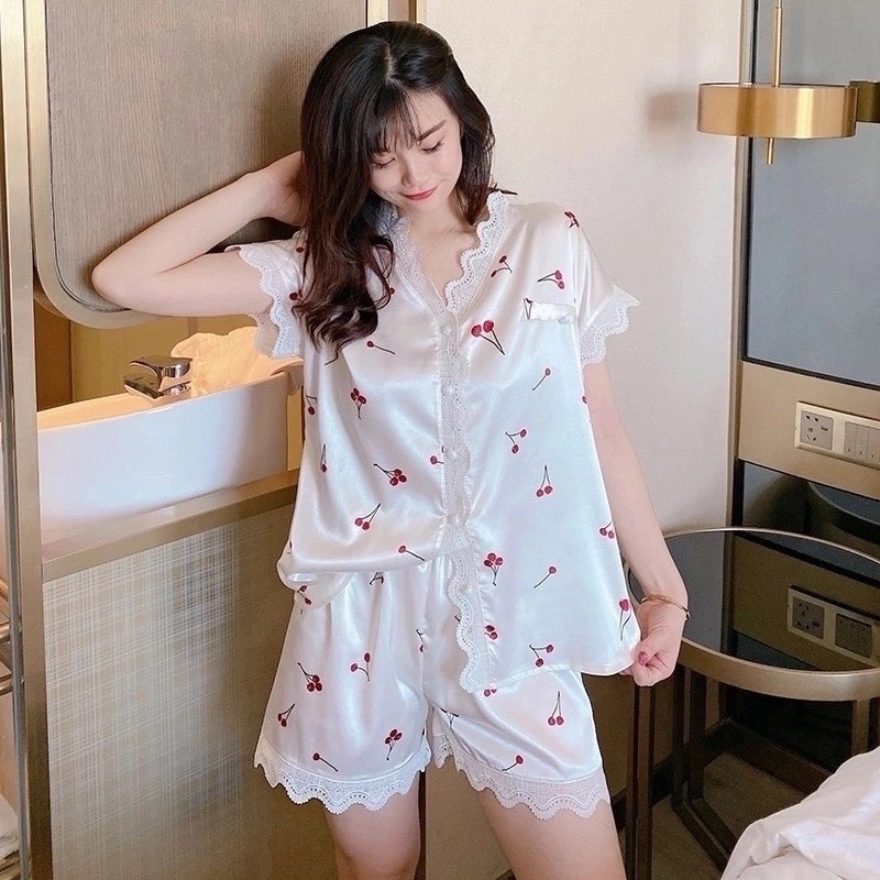 шелковая пижама женская,пижама домашняя со штанами belle_femme,пижамы женски,пижама рубашка шорты,белая пижама с вишнями