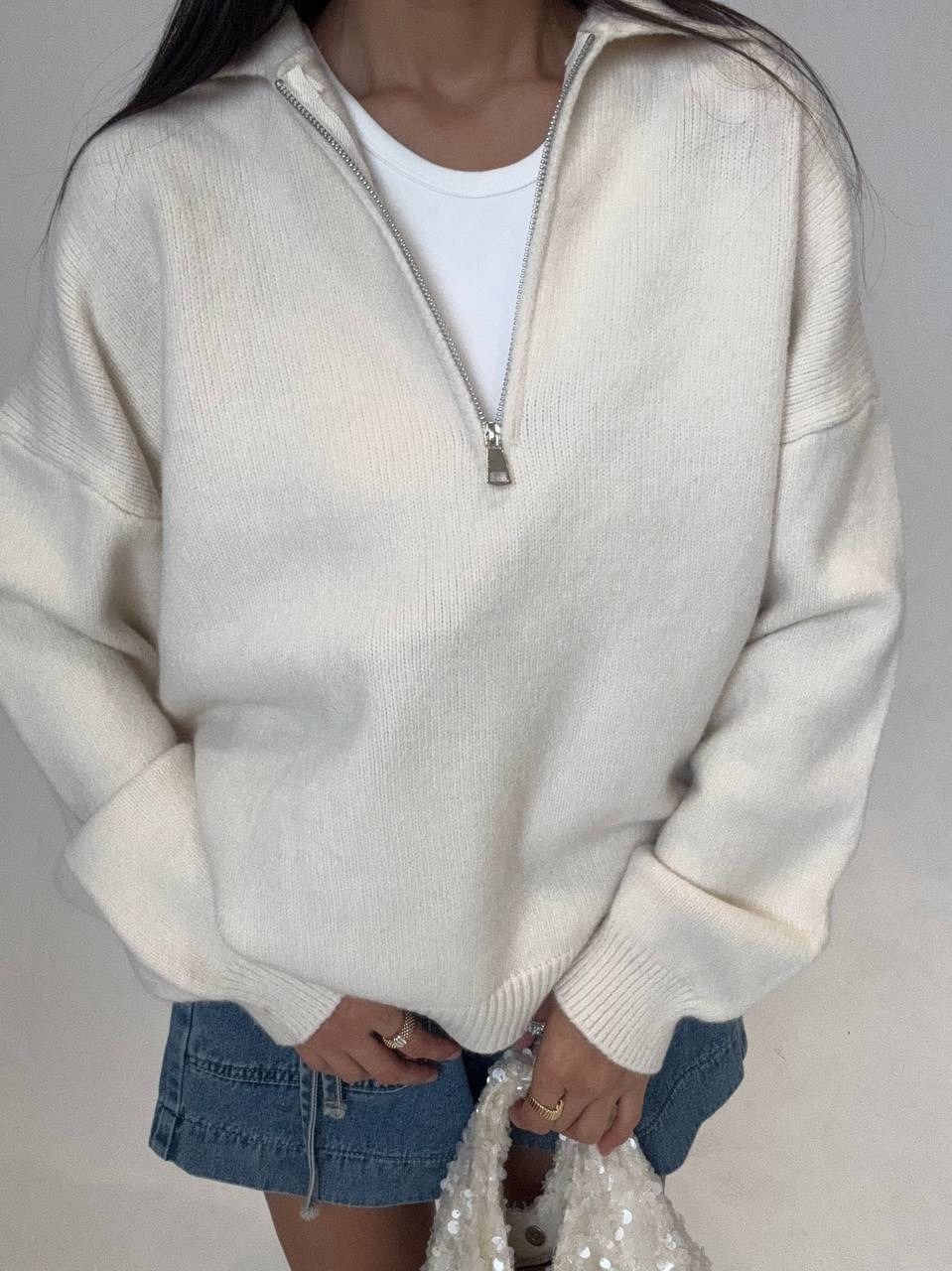 кофта женская,свитер оверсайз,свитер matreshka_love пуловер с молнией, кофта с замком, размер 42-46, молочный,женский свитер,вязаный женский свитер