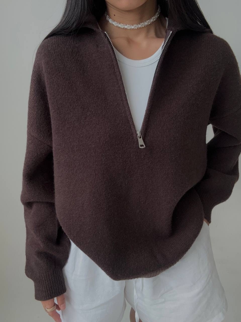 кофта женская,свитер оверсайз,свитер matreshka_love пуловер с молнией, кофта с замком, размер 42-46, молочный,женский свитер,вязаный женский свитер