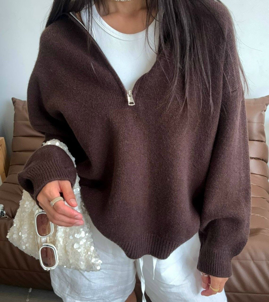 кофта женская,свитер оверсайз,свитер matreshka_love пуловер с молнией, кофта с замком, размер 42-46, молочный,женский свитер,вязаный женский свитер