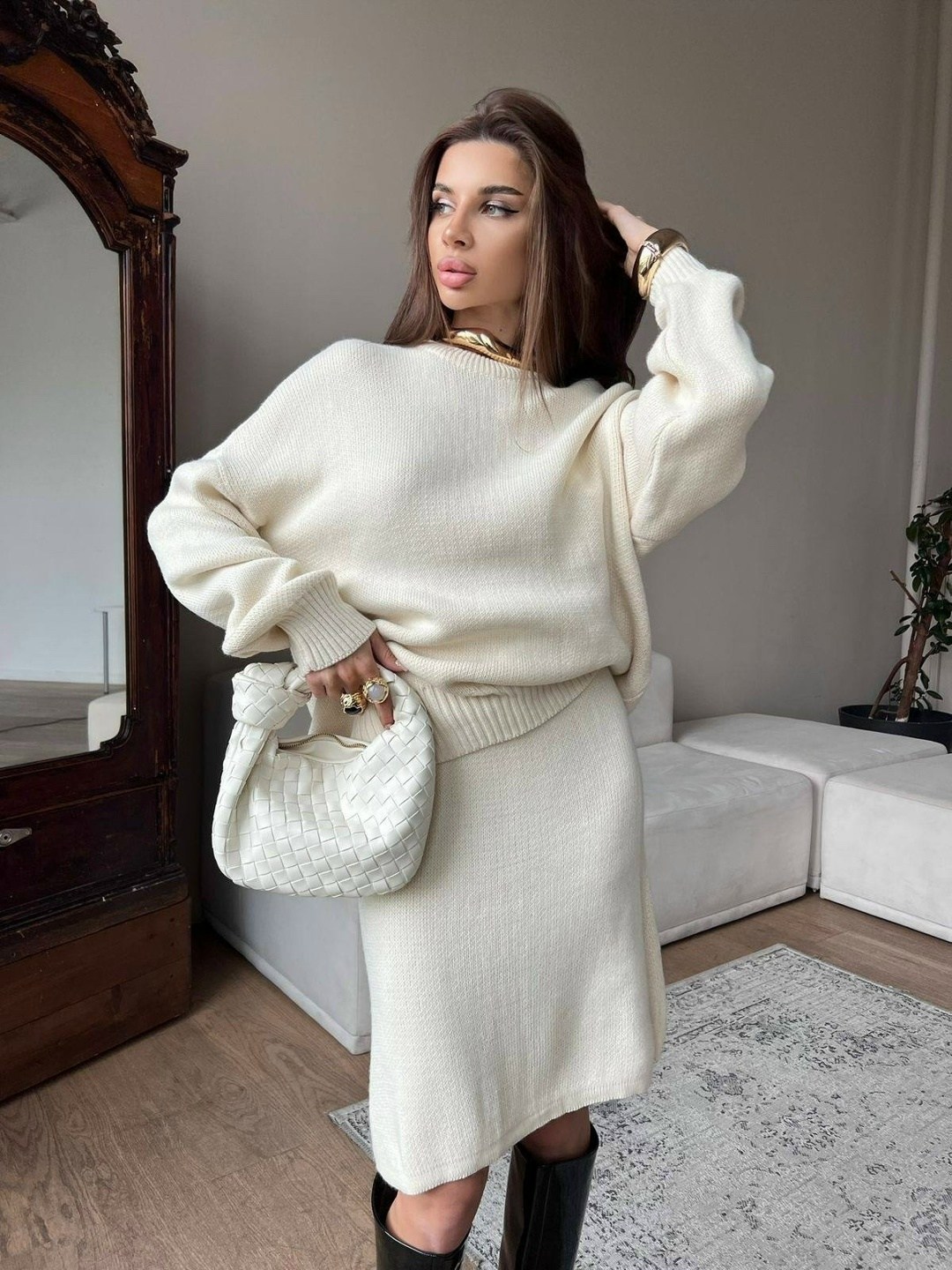 костюм платье и свитер теплый утк-style цвет серый,трикотажный костюм с юбкой вязаный,костюм платье в рубчик и джемпер оверсайз nazia shop,теплый трикотажный костюм с юбкой,костюм с юбкой трикотажный