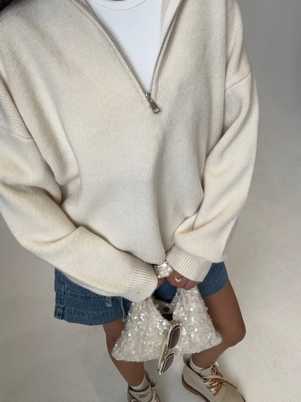 кофта женская,свитер оверсайз,свитер matreshka_love пуловер с молнией, кофта с замком, размер 42-46, молочный,женский свитер,вязаный женский свитер