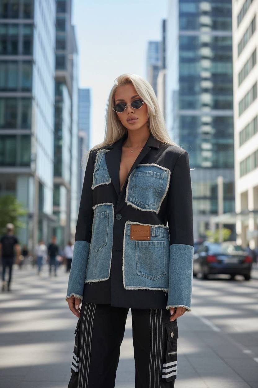 джинсовый пиджак,джинсовая куртка,женский джинсовый комбинированный пиджак,женский пиджак,куртка в стиле пэчворк